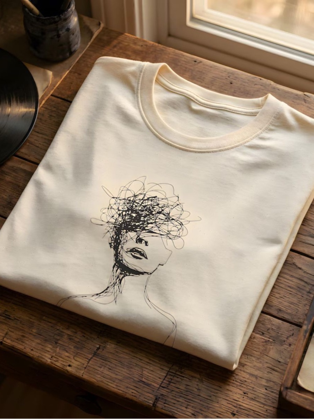 Cream Face Line Graphic T-Shirt for Unisex